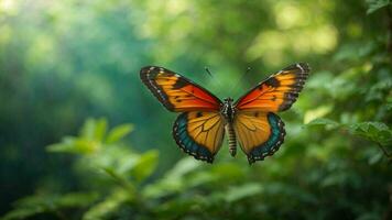 Natur Hintergrund mit ein schön fliegend Schmetterling mit Grün Wald ai generativ foto