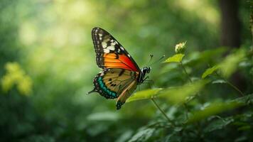 Natur Hintergrund mit ein schön fliegend Schmetterling mit Grün Wald ai generativ foto