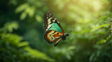 Natur Hintergrund mit ein schön fliegend Schmetterling mit Grün Wald ai generativ foto