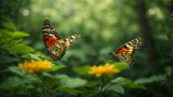 Natur Hintergrund mit ein schön fliegend Schmetterling mit Grün Wald ai generativ foto