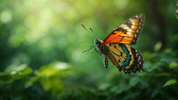 Natur Hintergrund mit ein schön fliegend Schmetterling mit Grün Wald ai generativ foto