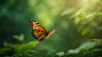 Natur Hintergrund mit ein schön fliegend Schmetterling mit Grün Wald ai generativ foto