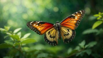 Natur Hintergrund mit ein schön fliegend Schmetterling mit Grün Wald ai generativ foto