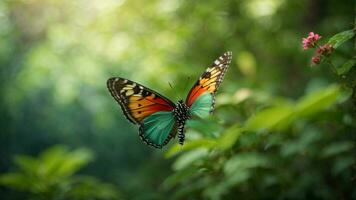 Natur Hintergrund mit ein schön fliegend Schmetterling mit Grün Wald ai generativ foto
