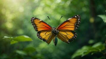 Natur Hintergrund mit ein schön fliegend Schmetterling mit Grün Wald ai generativ foto