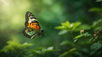 Natur Hintergrund mit ein schön fliegend Schmetterling mit Grün Wald ai generativ foto