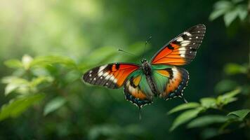 Natur Hintergrund mit ein schön fliegend Schmetterling mit Grün Wald ai generativ foto