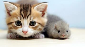 Porträt von ein Katze und Ratte, schließen hoch. ein Katze und ein Maus Lüge Nächster zu jeder andere auf ein Weiß. ai generiert foto