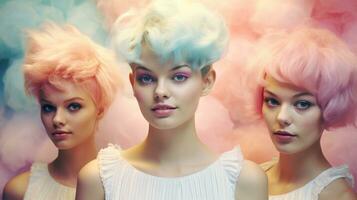 drei modern futuristisch kurz Haar jung Frauen auf Pastell- Hintergrund, erstellt mit generativ ai foto