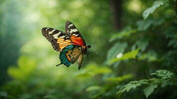 Natur Hintergrund mit ein schön fliegend Schmetterling mit Grün Wald ai generativ foto