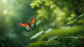 Natur Hintergrund mit ein schön fliegend Schmetterling mit Grün Wald ai generativ foto