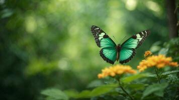 Natur Hintergrund mit ein schön fliegend Schmetterling mit Grün Wald ai generativ foto