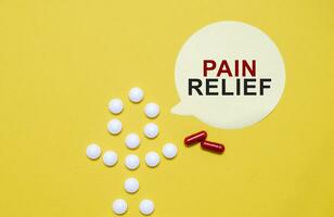Schmerzen Linderung Wörter auf Aufkleber mit Tabletten Mann auf Gelb Hintergrund foto