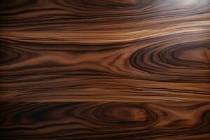 dunkel Nussbaum Holz bekannt zum es ist luxuriös Schokolade braun Farbton und wirbelnd Korn Holz , ai generiert foto