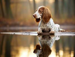 Hund und es ist Betrachtung im ein Ruhe Teich ai generativ foto