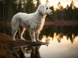 Hund und es ist Betrachtung im ein Ruhe Teich ai generativ foto