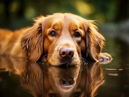 Hund und es ist Betrachtung im ein Ruhe Teich ai generativ foto