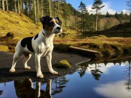 Hund und es ist Betrachtung im ein Ruhe Teich ai generativ foto