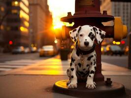 süß Hündchen Sitzung durch ein Feuer Hydrant ai generativ foto