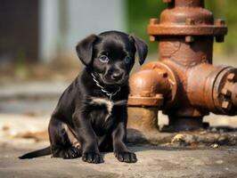 süß Hündchen Sitzung durch ein Feuer Hydrant ai generativ foto