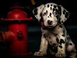 süß Hündchen Sitzung durch ein Feuer Hydrant ai generativ foto