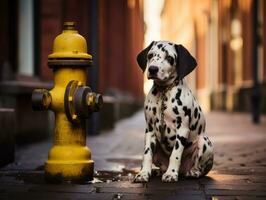 süß Hündchen Sitzung durch ein Feuer Hydrant ai generativ foto