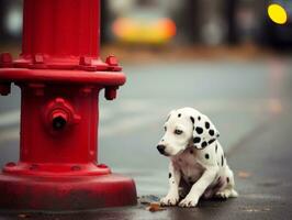 süß Hündchen Sitzung durch ein Feuer Hydrant ai generativ foto