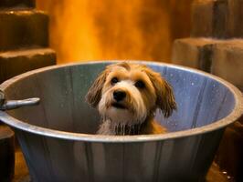 heiter Hund genießen ein Massage beim ein Haustier Spa ai generativ foto