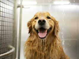 heiter Hund genießen ein Massage beim ein Haustier Spa ai generativ foto