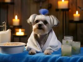 heiter Hund genießen ein Massage beim ein Haustier Spa ai generativ foto