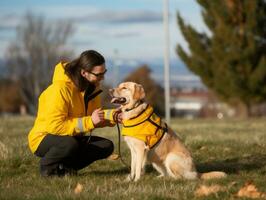 stolz Bedienung Hund assistieren es ist Inhaber mit ein Behinderung ai generativ foto