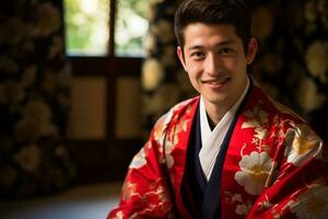 japanisch Mann tragen ein hakama und lächelnd Bokeh Stil Hintergrund foto