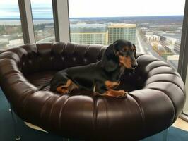 nachdenklich Hund ruhen auf ein Sanft Couch mit ein Aussicht von das Stadt ai generativ foto