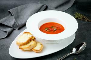 rot Tomate Sahne Suppe mit Kräuter und getoastet Brot Seite Aussicht foto