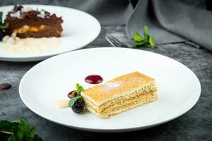 Weiß Schwamm Kuchen mit Tropfen von Sirup, Minze und wild Beeren auf ein runden Teller Seite veiw foto