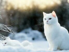 schön Weiß Kätzchen von britisch Rasse mit Blau Augen sitzt beim Dämmerung, im Winter, im Natur, es ist schneit, Winter Konzept Foto