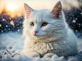 schön Weiß Kätzchen von britisch Rasse mit Blau Augen sitzt beim Dämmerung, im Winter, im Natur, es ist schneit, Winter Konzept Foto