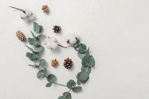 Herbstmodell aus Eukalyptusblättern und Baumwollpflanze