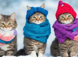 drei farbig Katze im ein Winter Hut und ein Schal auf das Winter Hintergrund. foto