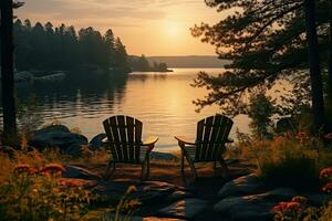 zwei Stühle zum entspannend auf das Bank von ein Ruhe Fluss im das Wald im das Strahlen von Sonnenuntergang und Dämmerung. Camping, Erholung. generiert durch künstlich Intelligenz foto