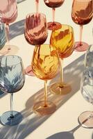 Wein Brille Bildung unerwartet Muster mit farbig Schatten gefangen im ein Palette von verblasst Denim Blau Antiquität Rose Rosa und Bernstein Orange foto