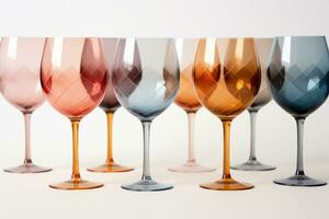 Wein Brille Bildung unerwartet Muster mit farbig Schatten gefangen im ein Palette von verblasst Denim Blau Antiquität Rose Rosa und Bernstein Orange foto