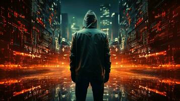 Person im Kapuzenpullover im das Stadt von das Zukunft, Cyberpunk Hintergrund generiert durch ai foto