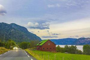 fahrt durch norwegen im sommer mit berg- und fjordblick. foto