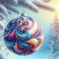 ai generativ, ein glänzend Weihnachten Ball Ornament Dekoration mit Bokeh Winter Hintergrund foto
