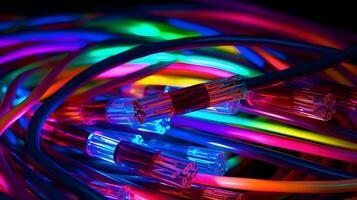 ai erzeugt.bunt Ballaststoff Optik Kabel. futuristisch Neon- Licht. foto