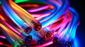 ai generiert. bunt Ballaststoff Optik Kabel. futuristisch Neon- Licht. foto