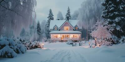 generativ ai, Winter ästhetisch Landschaft mit Haus Panorama, stumm geschaltet neutral Farben, Wald und Berge.. foto