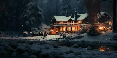 generativ ai, Winter ästhetisch Landschaft mit Haus Panorama, stumm geschaltet neutral Farben, Wald und Berge.. foto