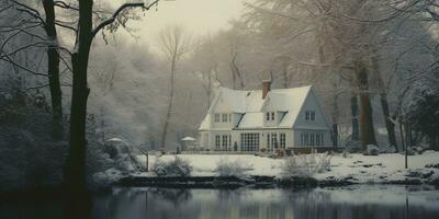 generativ ai, Winter ästhetisch Landschaft mit Haus Panorama, stumm geschaltet neutral Farben, Wald und Berge.. foto